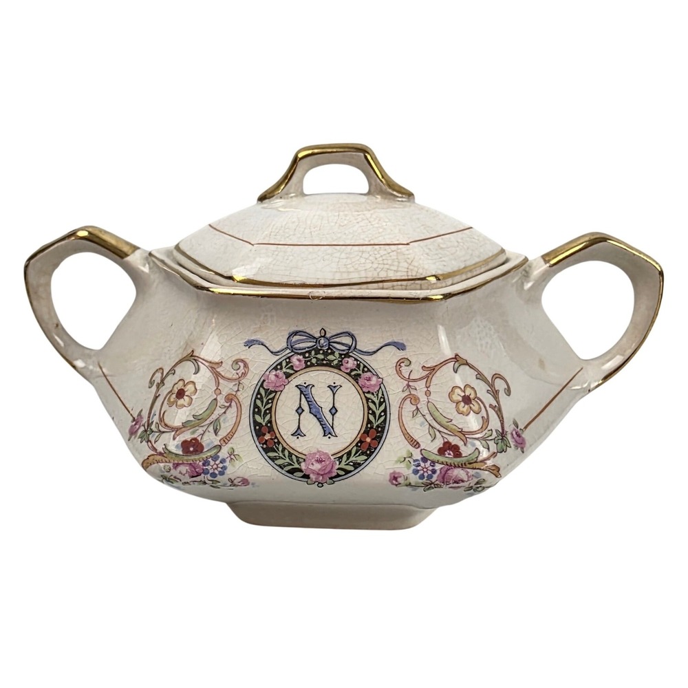 Antique Bavaria Germany Sugar Bowl Lid Floral Gold Monogram N Porcelain